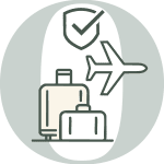 Line drawing of two suitcases, an airplane, and a shield with a checkmark, suggesting safe or secure travel.