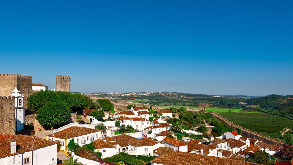 A panoramic view of a historic town with red-tiled roofs, stone walls, a castle, and green fields under a clear blue sky.