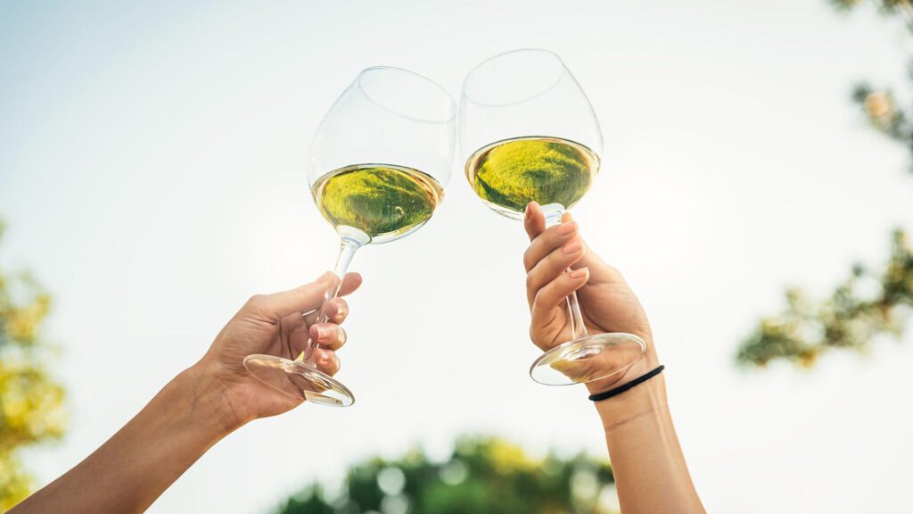 Two hands clinking wine glasses filled with Portuguese wine outdoors against a bright sky.